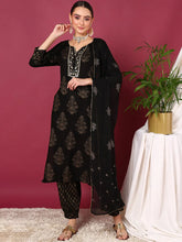 Women Black Viscose Rayon Solid Woven Design Straight Kurta Salwar With Dupatta